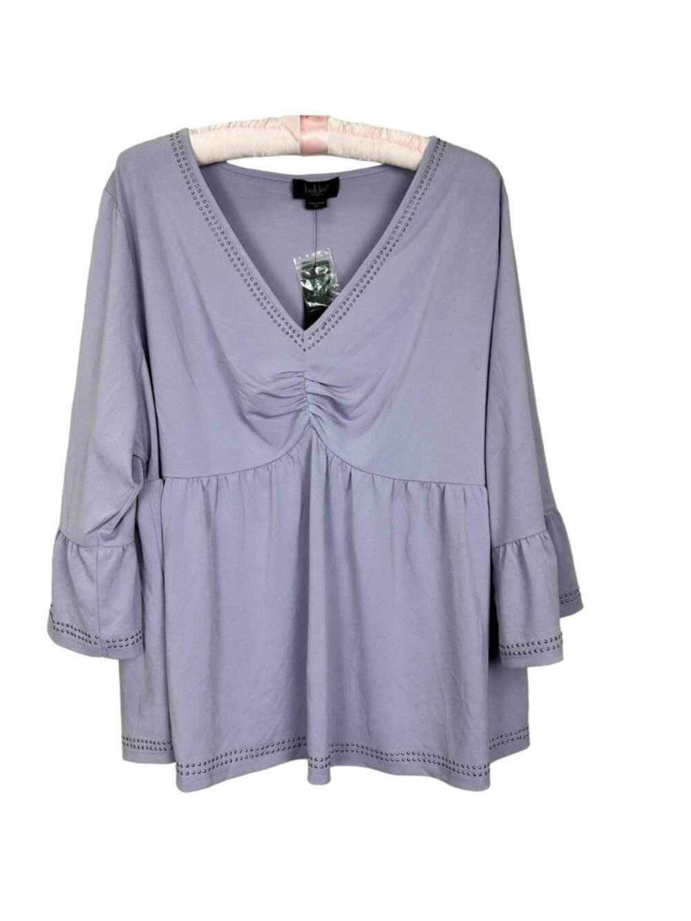 Belldini Womens 2X Light Purple Tunic Top Studded Details Peplum Hem V-Neckline